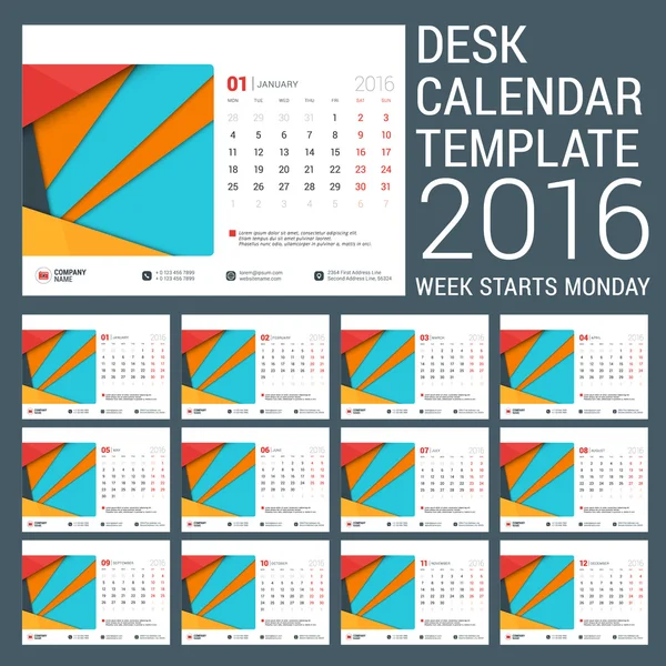 Schreibtischkalender für 2016 Jahr. Vektor Papeterie Design-Vorlage mit Platz für Foto. Die Woche beginnt am Montag. 12 Monate — Stockvektor