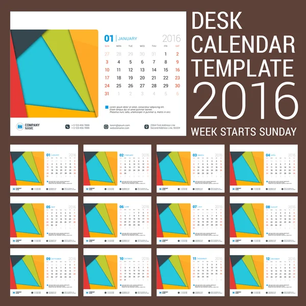 Työpöytä kalenteri 2016 Vuosi. Vektoripaperitavaran suunnittelumalli, jossa on paikka valokuvalle. Viikko alkaa sunnuntaina. 12 kuukautta — vektorikuva