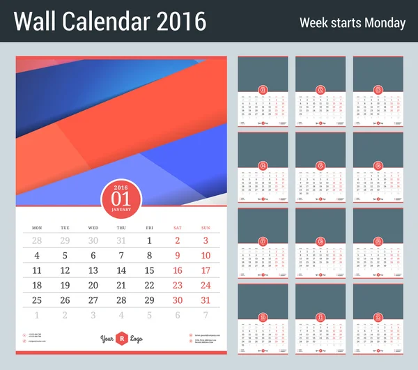 Wall Calendar for 2016 Year. Vector Stationery Design Template with Place for Photo. Week Starts Monday. 12 Months — Stock vektor
