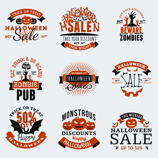 Set di Retro Vintage Happy Halloween Badge, Adesivi, Etichette. Elementi di design per biglietti di auguri o volantini. Illustrazione vettoriale — Vettoriale Stock