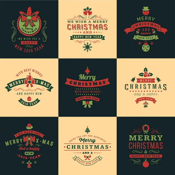 Set von Retro-Vintage typografische frohe Weihnachten und ein glückliches neues Jahr Abzeichen. Vektorabbildung in Retro-Farben — Stockvektor