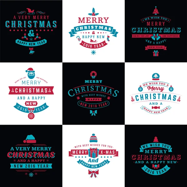 Set van Retro Vintage typografische prettige kerstdagen en gelukkig Nieuwjaar Badges. Vectorillustratie in Retro kleuren — Stockvector
