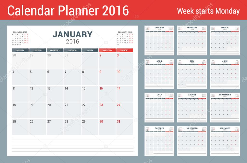 Calendar Planner for 2016 Year. Vector Stationery Design Print Template. Square Pages with Place for Notes. 3 Months on Page. Week Starts Monday. 12 Months