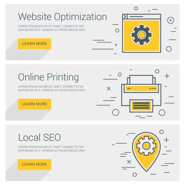 Web sitesi optimizasyonu. Çevrimiçi baskı. Yerel Seo. Hat sanatı düz tasarlamak. Vektör Web kavramları afiş