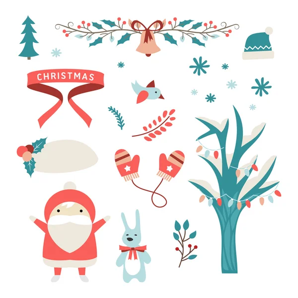 Set of Christmas and New Year Cute Hand Drawn Vector Decorative Design Elements with Cartoon Characters — Stock Vector