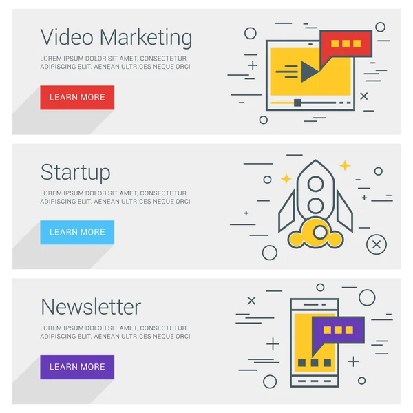 Video Marketing. Start. Nyhetsbrev. Line Art platt Design Illustration. Vektor Web Banners begrepp — Stock vektor