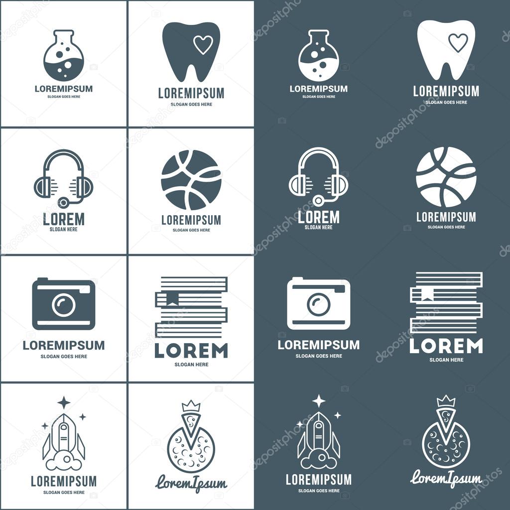 Set of Vector Logo Templates. Positive and Negative Versions. Dentist, Support, Lab, Photographer, Bookstore, Startup, Pizzeria