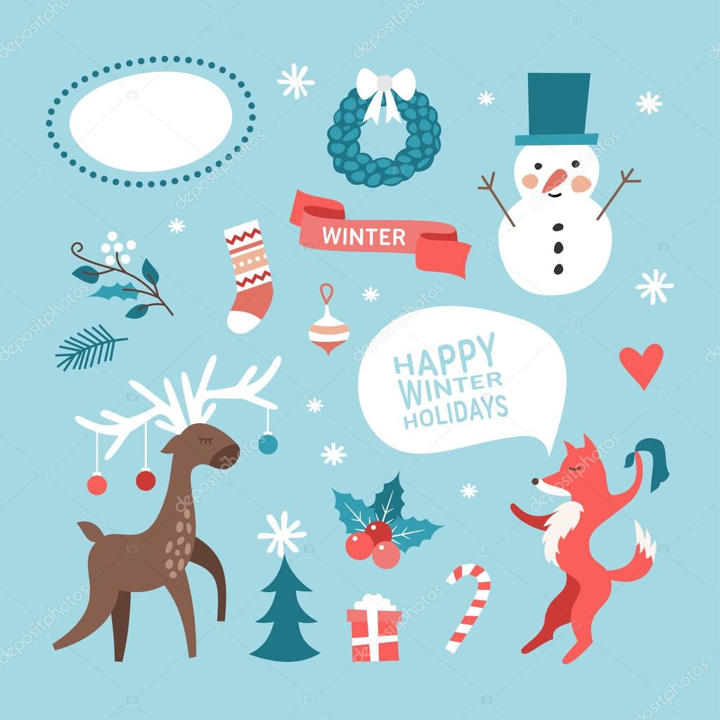 Set of Christmas and New Year Cute Hand Drawn Vector Decorative Design Elements with Cartoon Characters