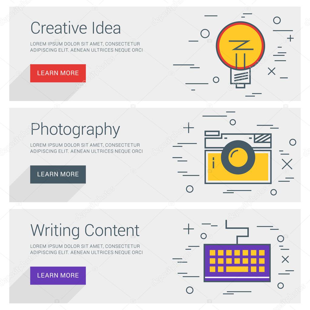 Creative Idea. Photography. Writing Content. Line Art Flat Design Illustration. Vector Web Banners Concepts