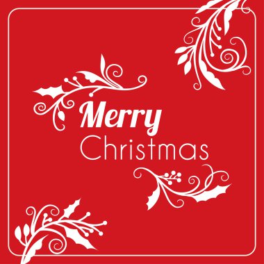 Christmas Postcard Decorative Greeting with Branches, Berries and Typographic Design Elements on Red Background. Hand Drawn Vector Illustration