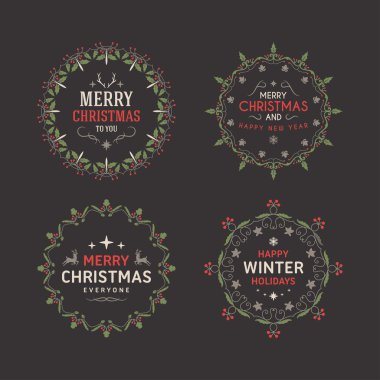 Set of Christmas Postcard Decorative Greetings with Mistletoe Branch, Berries and Typographic Design Elements. Hand Drawn Vector Illustration