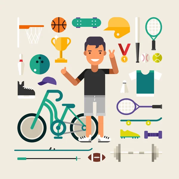 Set Vector iconen en illustraties in platte designstijl. Mannelijke Cartoon karakter sportman omgeven door sportuitrusting — Stockvector