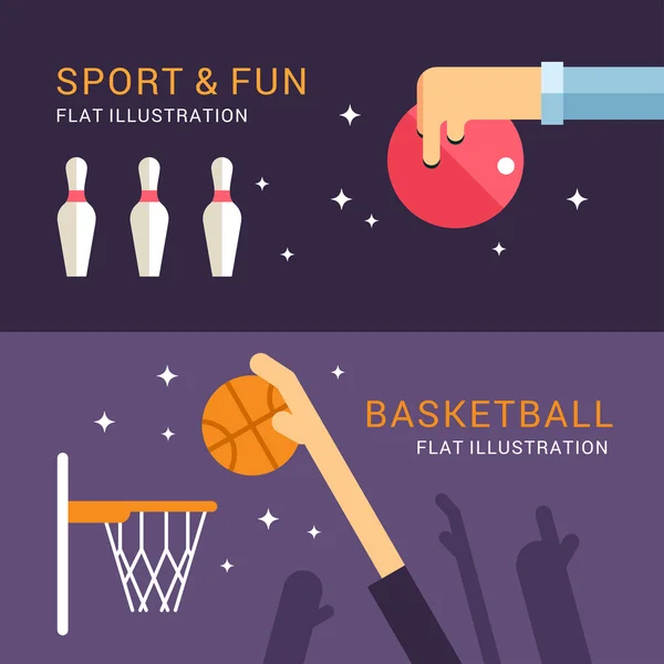 Desporto e diversão. Bowling e Basquetebol. Ilustração vetorial em estilo de design plano para banners da Web ou materiais promocionais — Vetor de Stock