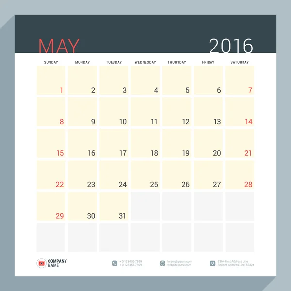 Calendar Planner pentru anul 2016. Vector papetărie Design șablon de imprimare. Pagini pătrate cu loc pentru note. Săptămâna începe duminică. Mai 2016 — Vector de stoc