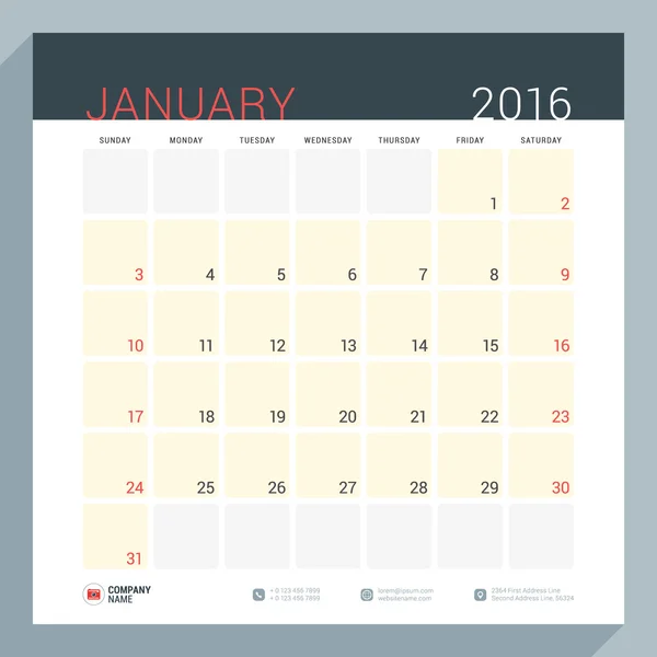 Planificador de calendario para el año 2016. Plantilla de impresión de diseño de papelería vectorial. Páginas cuadradas con lugar para notas. La semana empieza el domingo. Enero de 2016 — Vector de stock