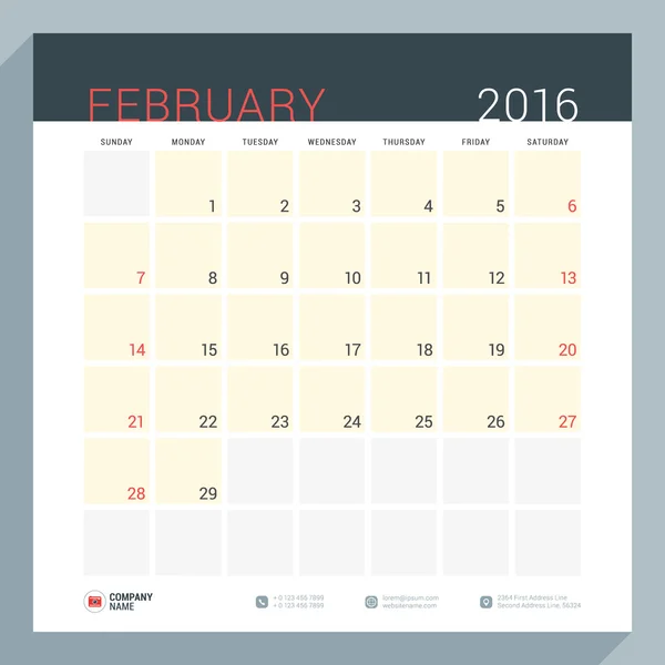 Kalender Planner voor 2016 jaar. Vector Design afdrukken sjabloon voor briefpapier. Vierkante pagina's met plaats voor notities. Week begint zondag. Februari 2016 — Stockvector