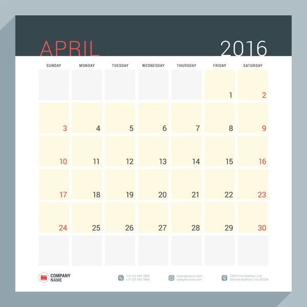 Планировщик календаря на 2016 год. Шаблон для печати векторных канцелярских товаров. Квадратные страницы с местом для нот. Неделя начинается в воскресенье. Апрель 2016 — стоковый вектор