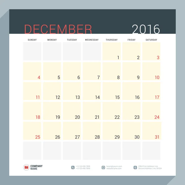 Planificador de calendario para el año 2016. Plantilla de impresión de diseño de papelería vectorial. Páginas cuadradas con lugar para notas. La semana empieza el domingo. Diciembre de 2016 — Vector de stock