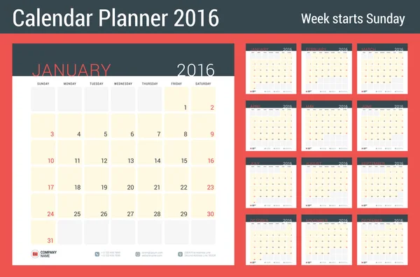 Планувальник календаря на 2016 рік. Векторний шаблон дизайну канцелярського приладдя. Квадратні сторінки з місцем для записів. Тиждень починається неділя. Набір з 12 місяців — стоковий вектор