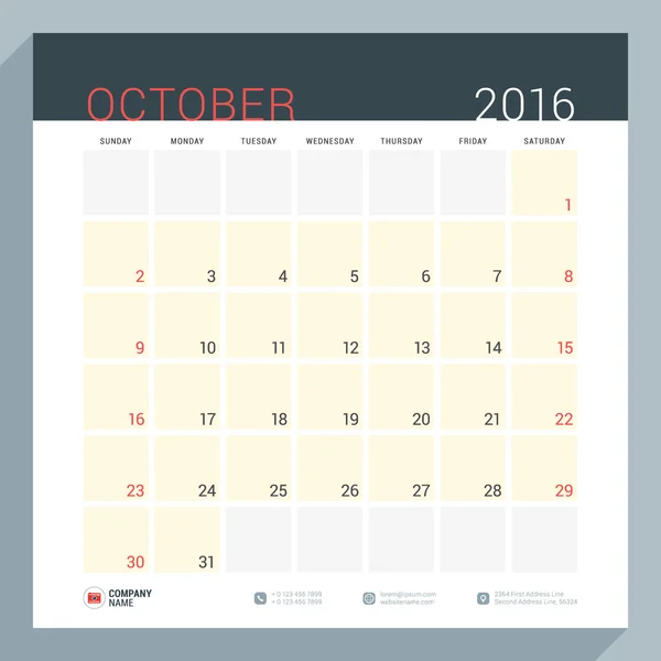 Agenda Planificateur 2016 Année. Modèle d'impression vectoriel de conception de papeterie. Pages carrées avec place pour les notes. La semaine commence dimanche. octobre 2016 — Image vectorielle