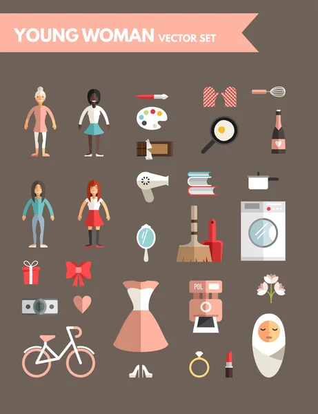 Verzameling van platte Infographic ontwerpelementen. Jonge vrouw en vrouw dingen. Jurk, Pan, wasmachine, Gift, fiets, haardroger, bloemen, cosmetica — Stockvector