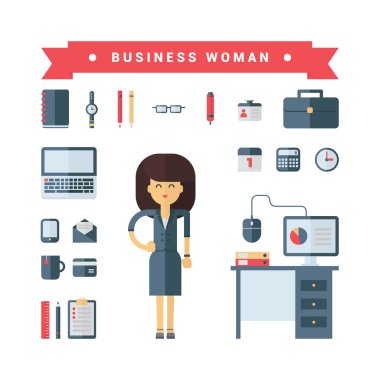 Set of Vector Icons and Illustrations in Flat Design Style. Female Cartoon Character Businesswoman Surrounded by Business Icons and Devices