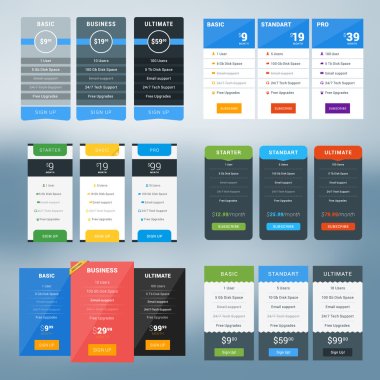 Set of Vector Pricing Table Design Templates for Websites and Applications