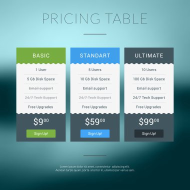 Vector Design Template for Pricing Table in Flat Design Style for Websites and Applications
