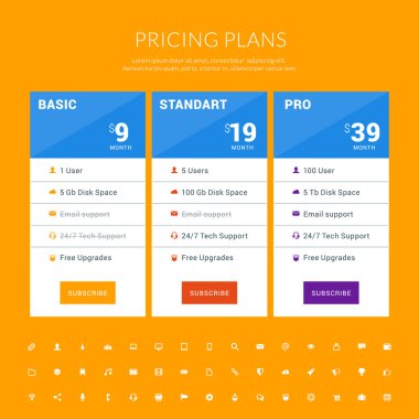 Vector Design Template for Pricing Table with Icon Set in Flat Design Style for Websites and Applications