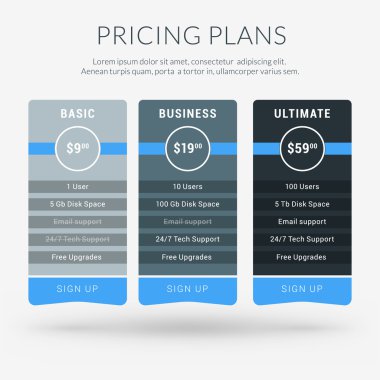 Vector Design Template for Pricing Table in Flat Design Style for Websites and Applications