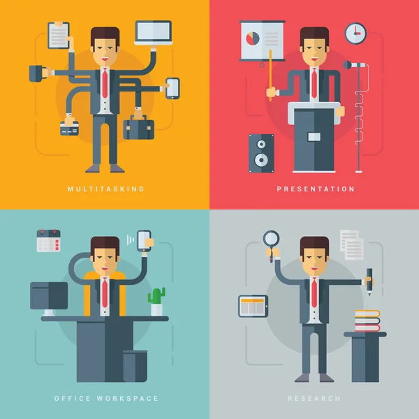 Conjunto de ilustraciones conceptuales planas vectoriales de hombre de negocios. Multitarea, Presentación, Espacio de trabajo de oficina, Investigación — Vector de stock