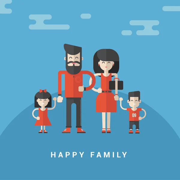 Ilustración de vectores de estilo plano. Familia feliz. Padres con hijo e hija en ropa roja sobre fondo azul — Vector de stock