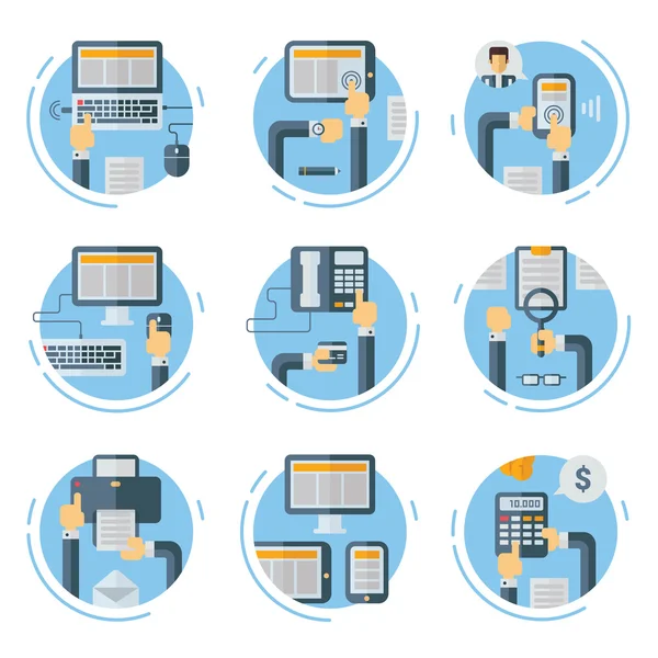 Set of Flat Style Vector Business Concept Illustrations. Human Hands with Electronic Devices in Workspace — 스톡 벡터