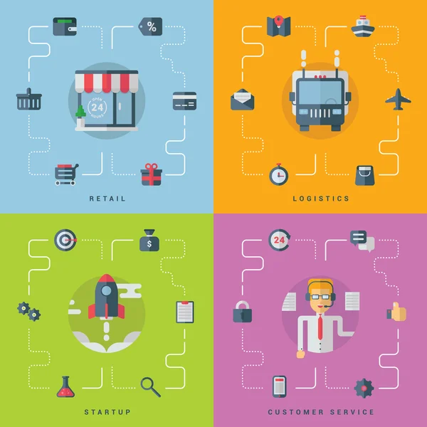 Set of Vector Flat Conceptual Illustrations. Retail, Logistics, Startup, Customer Service — 스톡 벡터