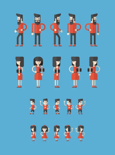 Set of Flat Style Vector Illustrations. Cartoon Characters. Father, Mother, Son and Daughter in Different Poses on Blue Background — Διανυσματικό Αρχείο