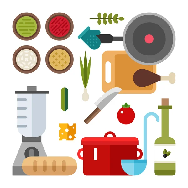 Conjunto de iconos vectoriales e ilustraciones en estilo de diseño plano. Electrodomésticos de cocina y alimentos — Vector de stock