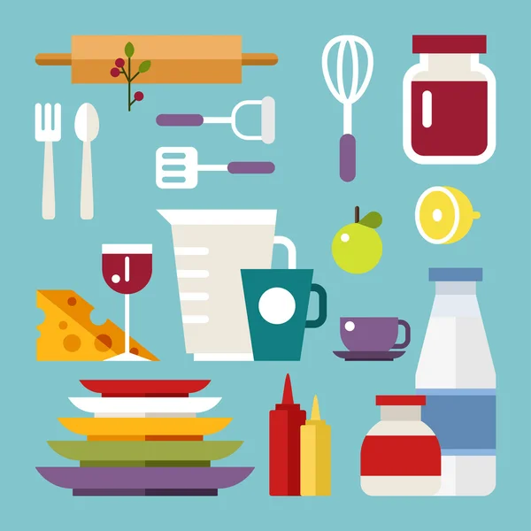 Conjunto de iconos vectoriales e ilustraciones en estilo de diseño plano. Electrodomésticos de cocina y alimentos — Vector de stock