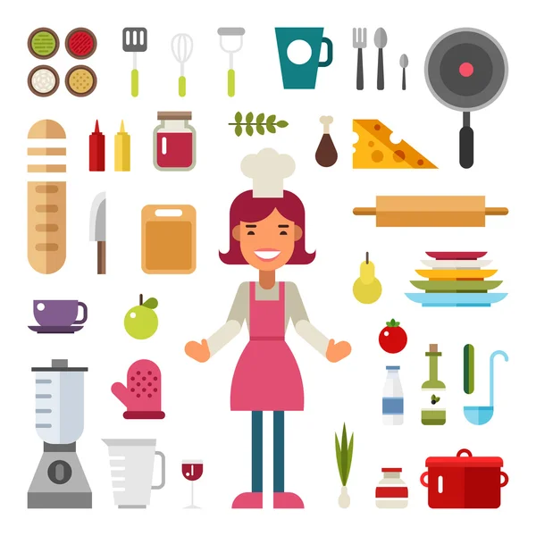 Conjunto de iconos vectoriales e ilustraciones en estilo de diseño plano. Chef de profesión. Personaje de dibujos animados femeninos rodeados de electrodomésticos de cocina y alimentos — Vector de stock