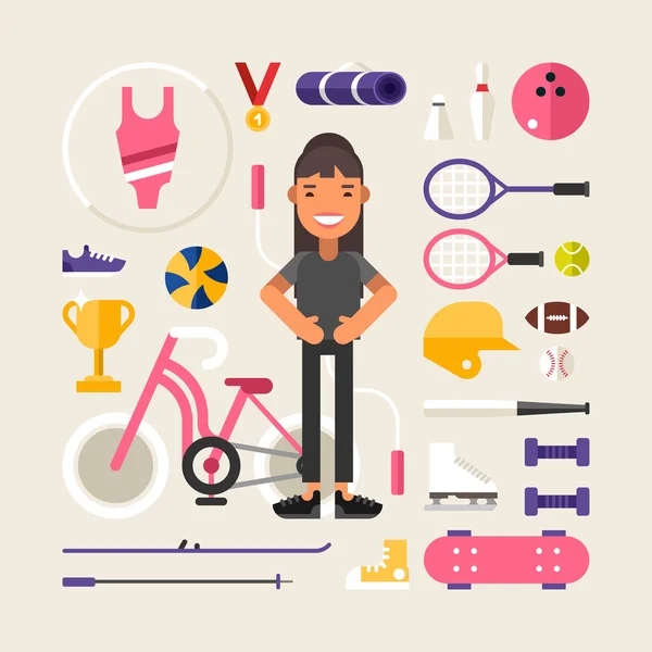 Set of Vector Icons and Illustrations in Flat Design Style. Female Cartoon Character Sportsman Surrounded by Sports Equipment — Wektor stockowy
