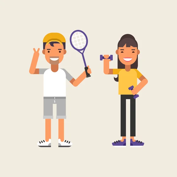 Sport Concept Elements for Infographics. Female and Male Character. Tennis and Fitness. Flat Style Vector Illustration — Wektor stockowy