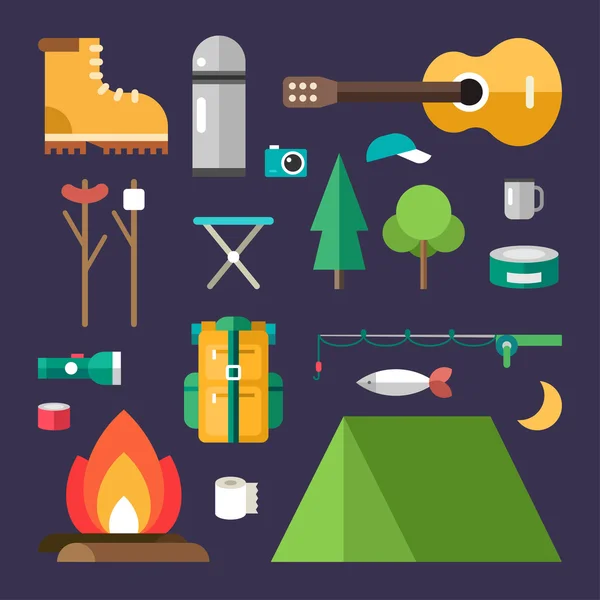 Tourist Equipment. Set of Vector Icons and Illustrations in Flat Design Style — Διανυσματικό Αρχείο