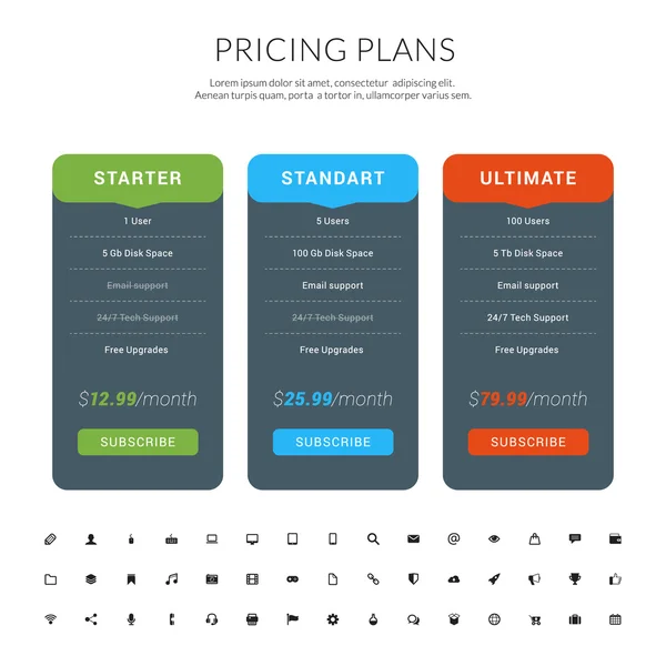 Vector Design Template for Pricing Table with Icon Set in Flat Design Style for Websites and Applications — 스톡 벡터