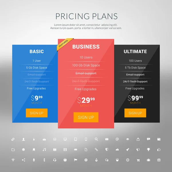 Vector Design Template for Pricing Table with Icon Set in Flat Design Style for Websites and Applications — ストックベクタ