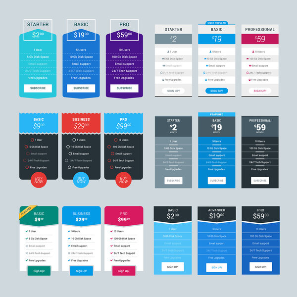 Set of Vector Pricing Table Design Templates for Websites and Applications