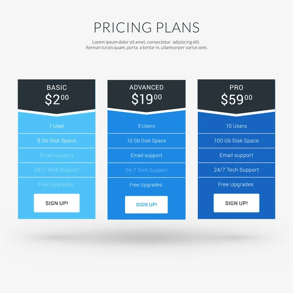 Modello di progettazione vettoriale per la tabella dei prezzi in stile Flat Design per siti Web e applicazioni — Vettoriale Stock