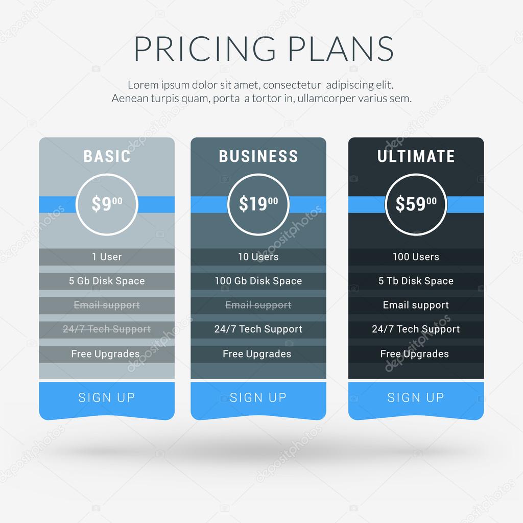 Vector Design Template for Pricing Table in Flat Design Style for Websites and Applications