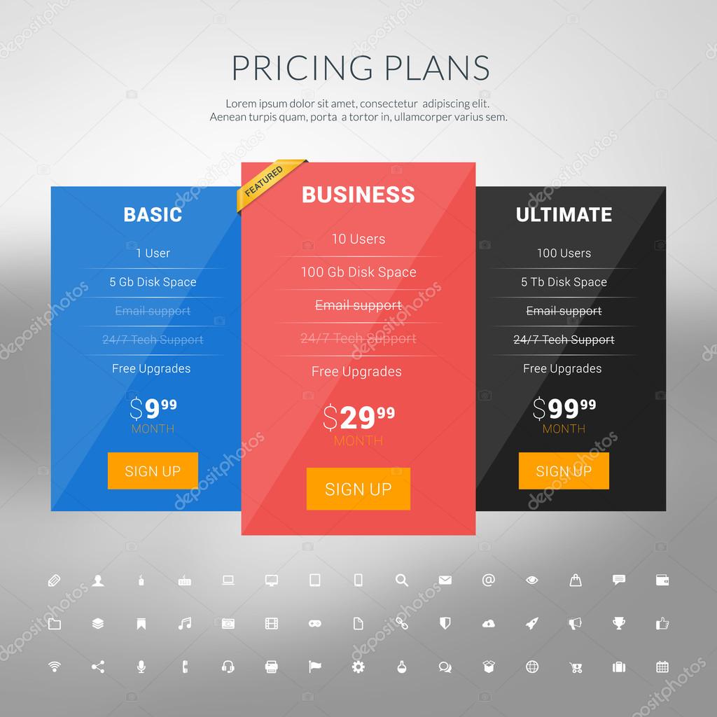 Vector Design Template for Pricing Table with Icon Set in Flat Design Style for Websites and Applications