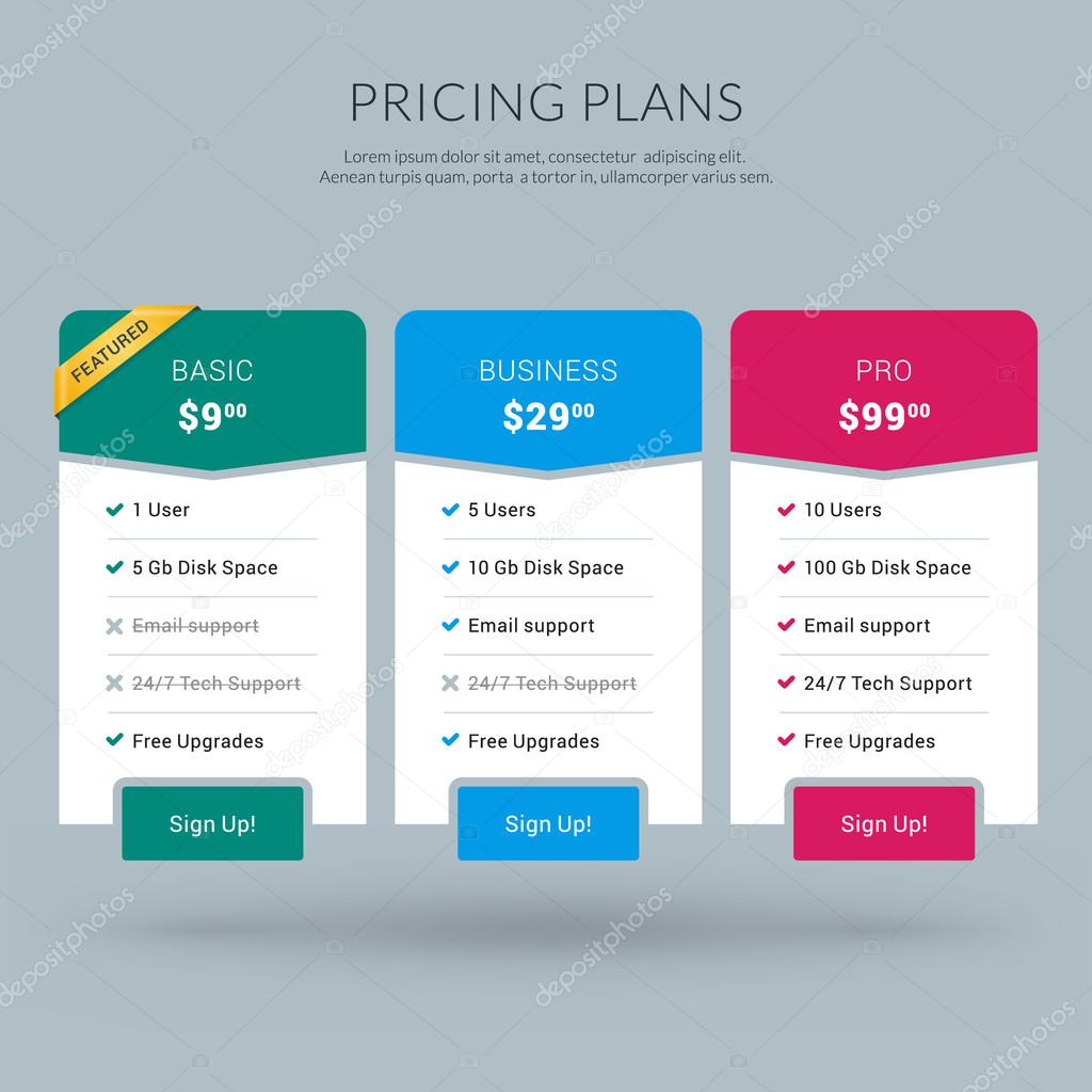 Vector Design Template for Pricing Table in Flat Design Style for Websites and Applications