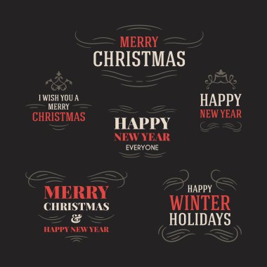 Set of Vintage Typographic Merry Christmas Greetings Badges. Vector Illustration on Dark Background