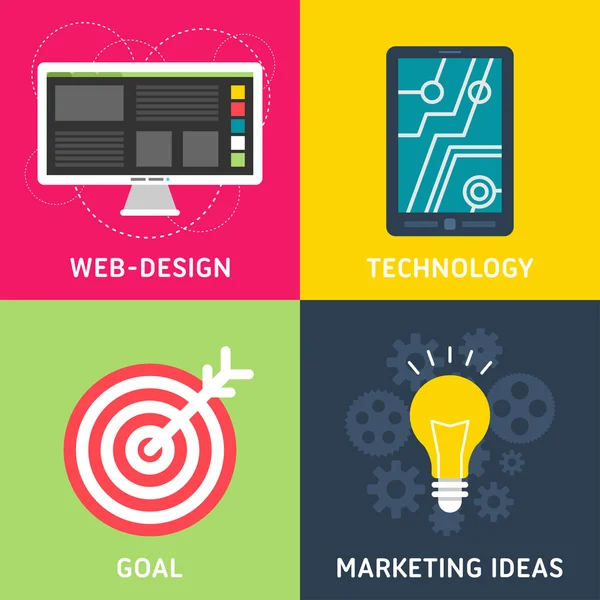 Conjunto de ilustraciones de negocio de vectores de diseño plano. Diseño Web, Tecnología, Meta, Ideas de Marketing — Vector de stock